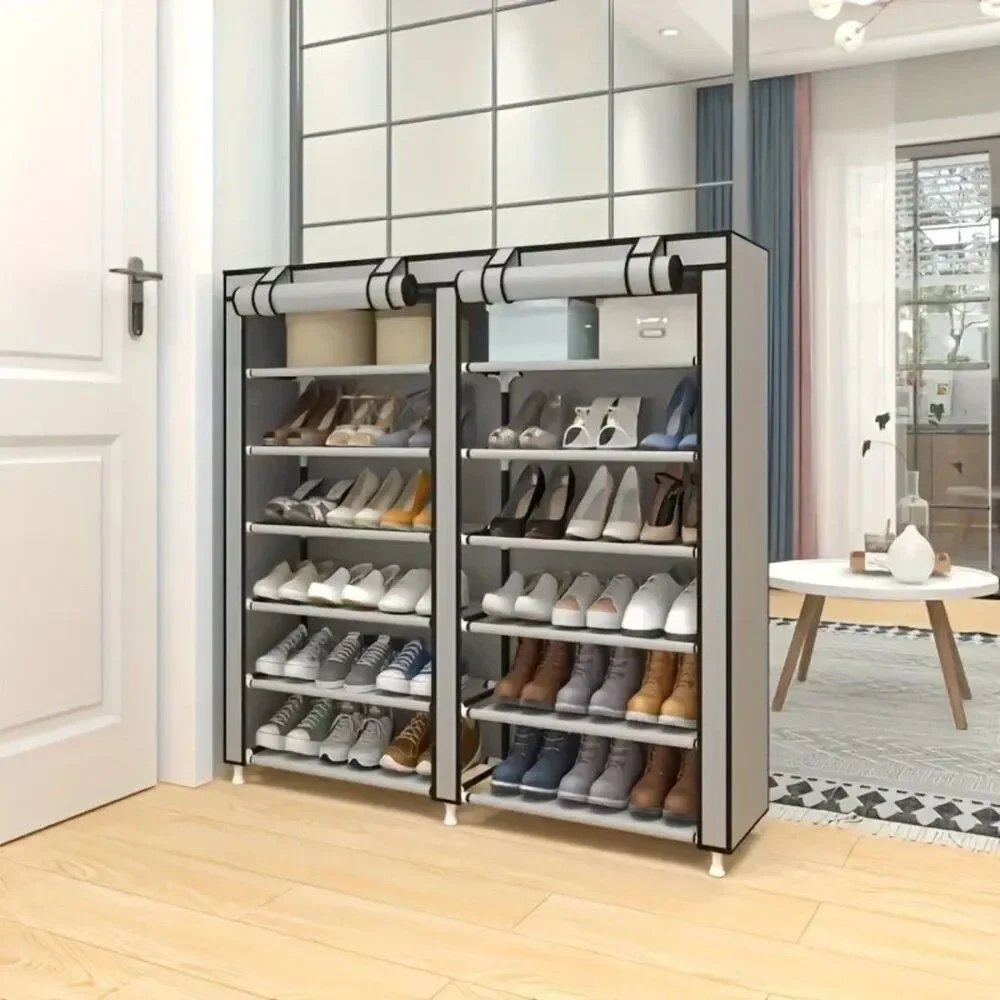 6-layer Double Row Shoe Rack with Dust Cover, Easy To Assemble and Store Shoes